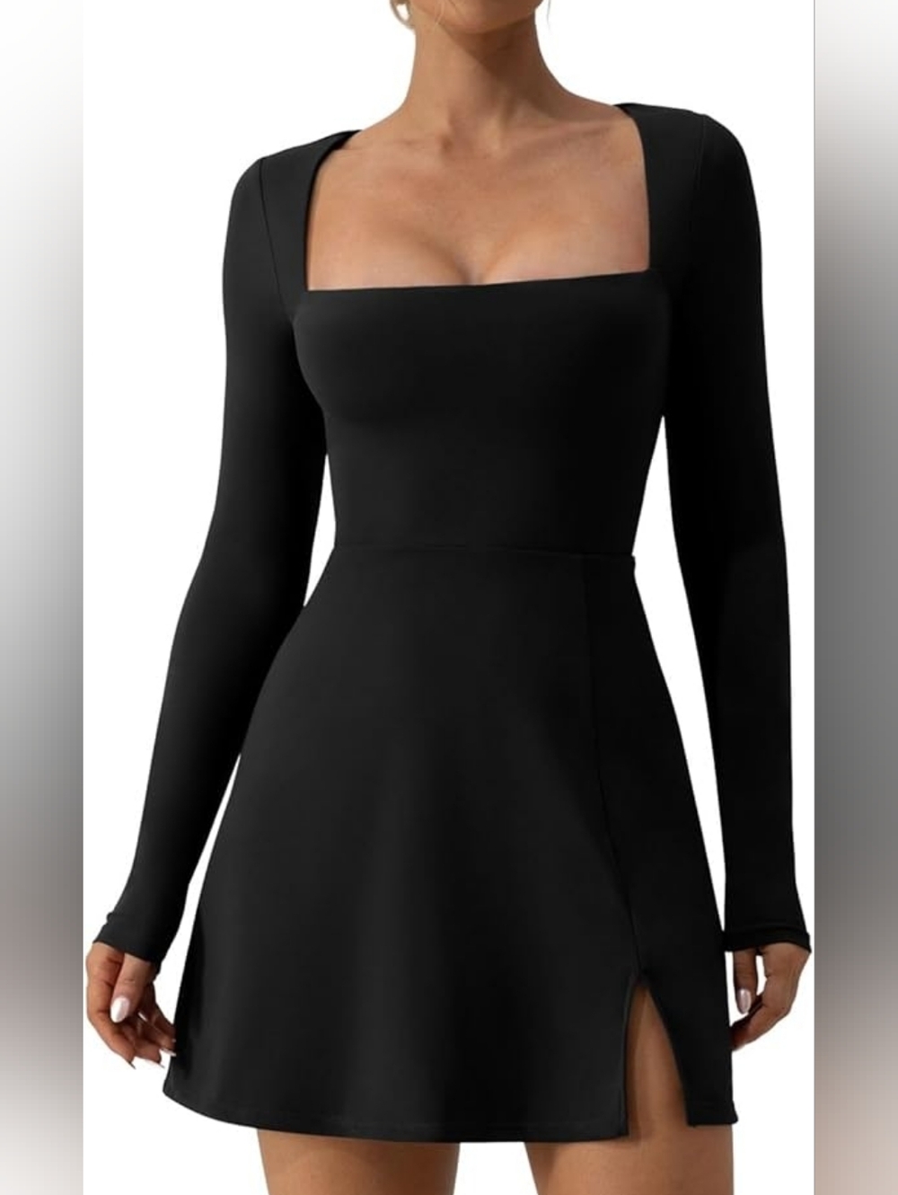 Black Long Sleeve Mini  Square Neck A-Line Fit & Flare Dress Minimalist Classic